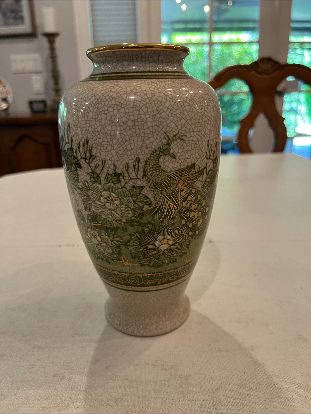 Vintage Japanese green & gold Peacock & floral Motif Crackle Glaze Vase